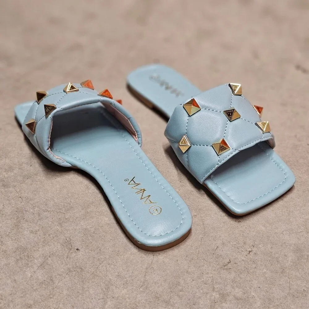 Quilted Sky Blue Slide Sandals With Gold Studs Square Toe Casual Flat Design For - Picture 4 of 5